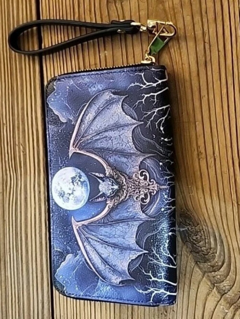Gothic Moon Bat Zip-Around Wallet Wristlet - Dark Blue-Skullette "Moonreaver"